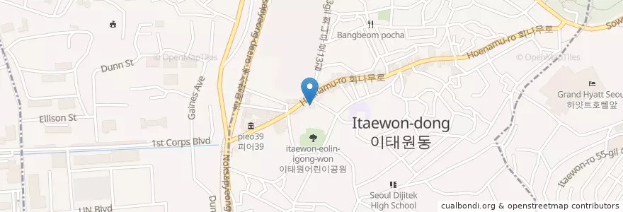 Mapa de ubicacion de 테이스트오브타일랜드 en Südkorea, Seoul, 용산구, 용산2가동, 이태원2동.