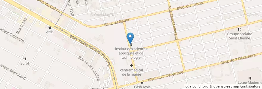 Mapa de ubicacion de Institut des sciences appliqués et de technologie en Côte D’Ivoire, Abidjan, Koumassi, Marcory.