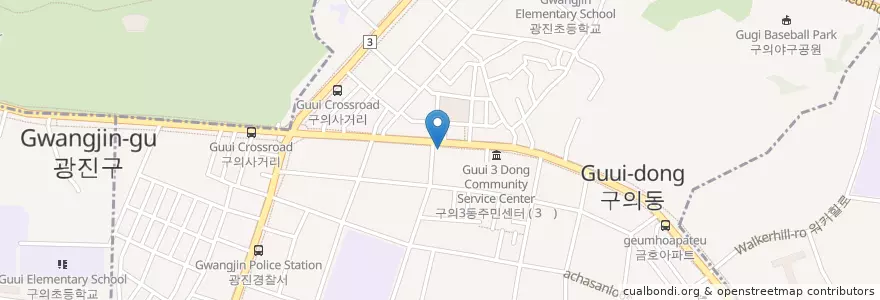 Mapa de ubicacion de 김밤천국 en Südkorea, Seoul, 광진구, 구의1동, 구의2동.