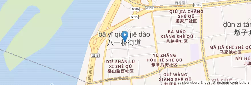 Mapa de ubicacion de 八一桥街道办事处 en 中国, 江西省, 南昌市, 东湖区, 八一桥街道.