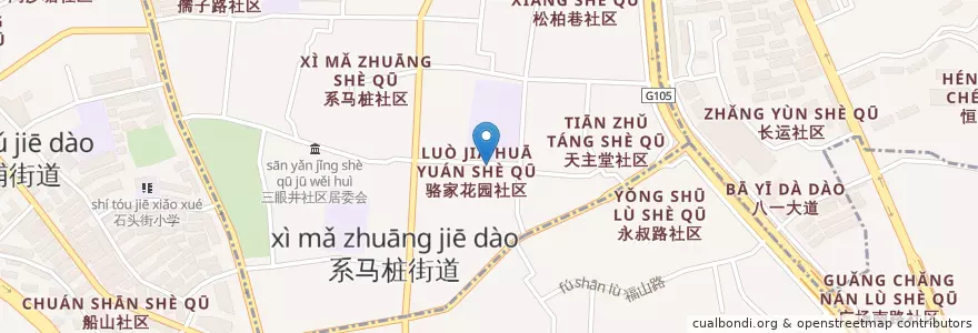 Mapa de ubicacion de 骆家花园社区居委会 en الصين, جيانغشي, نانتشانغ, 西湖区, 系马桩街道.