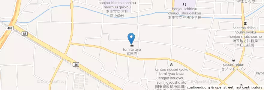 Mapa de ubicacion de 富田寺 en اليابان, 埼玉県, 本庄市.