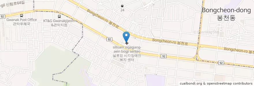 Mapa de ubicacion de 실로암시각장애인복지관 en Corea Del Sud, Seul, 관악구, 청룡동.