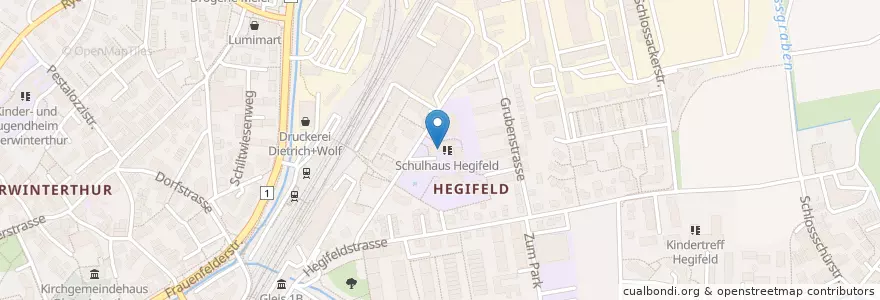 Mapa de ubicacion de Betreuung Hegifeld en Schweiz/Suisse/Svizzera/Svizra, Zürich, Bezirk Winterthur, Winterthur.
