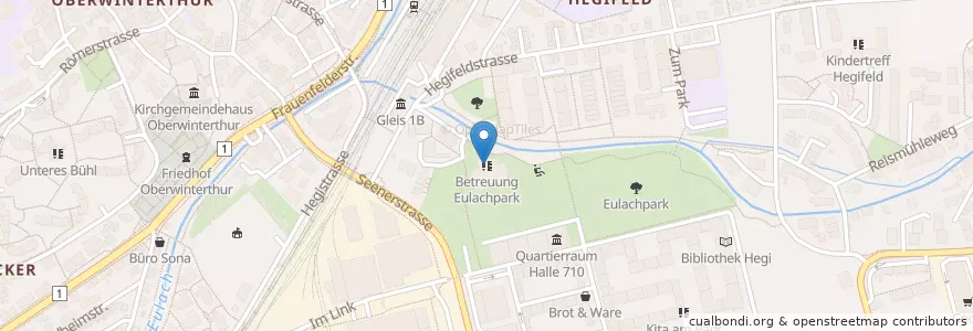 Mapa de ubicacion de Betreuung Eulachpark en Switzerland, Zurich, Bezirk Winterthur, Winterthur.