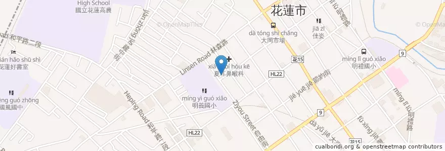 Mapa de ubicacion de 明義早餐吧 en Taiwan, Provincia Di Taiwan, Contea Di Hualien, Hualien.