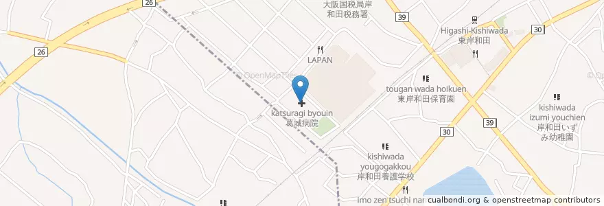 Mapa de ubicacion de 葛城病院 en Japón, Prefectura De Osaka, 岸和田市.