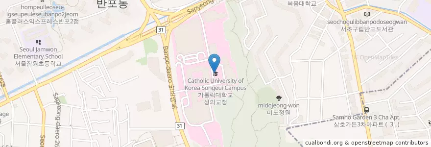 Mapa de ubicacion de 가톨릭대학교 성의교정 en 韩国/南韓, 首尔, 瑞草區, 반포동.