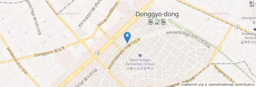 Mapa de ubicacion de 치킨뱅이 en 대한민국, 서울, 마포구, 서교동.