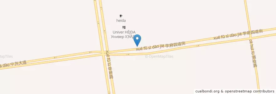 Mapa de ubicacion de 黑龙江大学 en 中国, 黑龙江省, 南岗区, 保健路街道办事处, 哈西街道办事处.