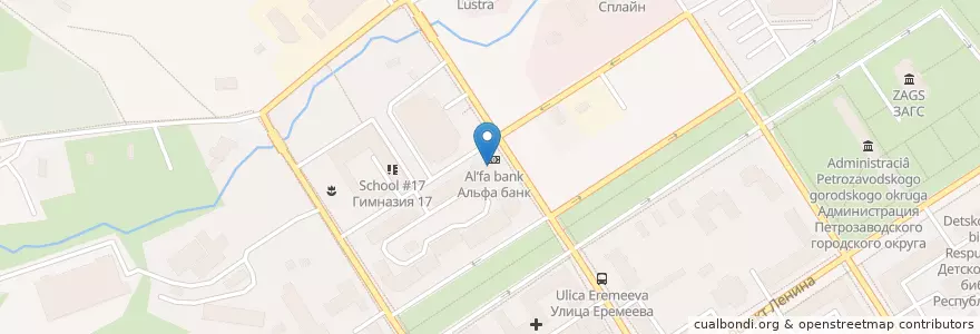 Mapa de ubicacion de Альфа-Банк en Rusia, Северо-Западный Федеральный Округ, República De Carelia, Прионежский Район, Петрозаводский Городской Округ.