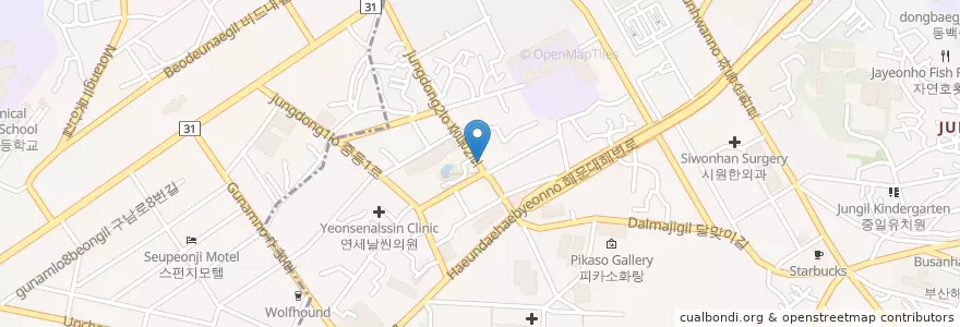 Mapa de ubicacion de Wori Bank en Güney Kore, Busan, 해운대구, 중동.