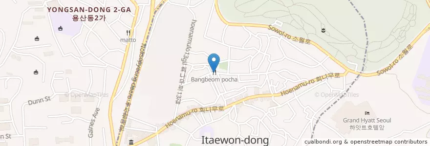 Mapa de ubicacion de Bangbeom pocha en Südkorea, Seoul, 용산구, 용산2가동, 이태원2동.