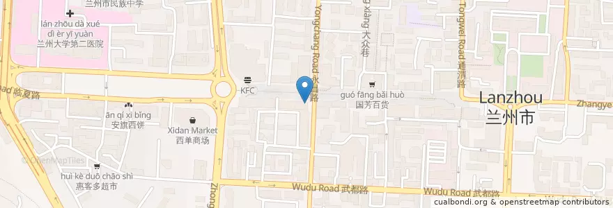 Mapa de ubicacion de 天元名小吃 en 中国, 甘肃省, 兰州市, 城关区, 张掖路街道.