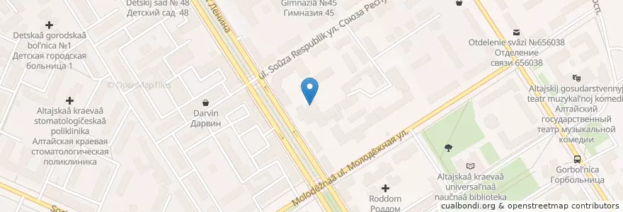 Mapa de ubicacion de Концертный зал АГИК en ロシア, シベリア連邦管区, アルタイ地方, バルナウル管区.