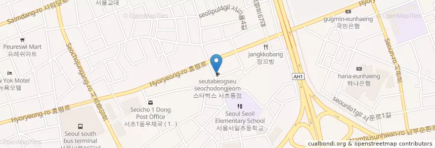 Mapa de ubicacion de 스타벅스 서초동점 en Corea Del Sud, Seul, 서초구, 서초1동, 서초동.