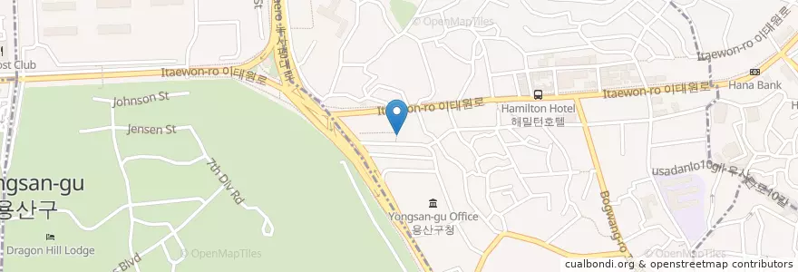 Mapa de ubicacion de lazzat (O'zbek taomlari) en 韩国/南韓, 首尔, 龍山區, 용산2가동, 이태원1동.