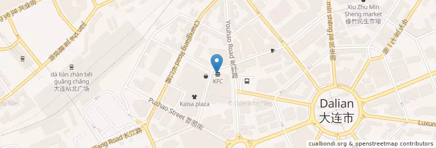 Mapa de ubicacion de KFC en 中国, 辽宁省, 中山区, 大连市, 青泥洼桥街道.