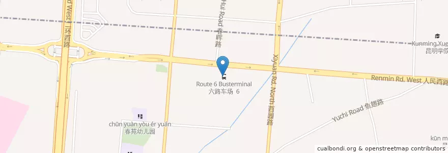 Mapa de ubicacion de 六路车场  6 Lu Chechang en 中国, 云南省, 昆明市, 五华区, 西苑街道.