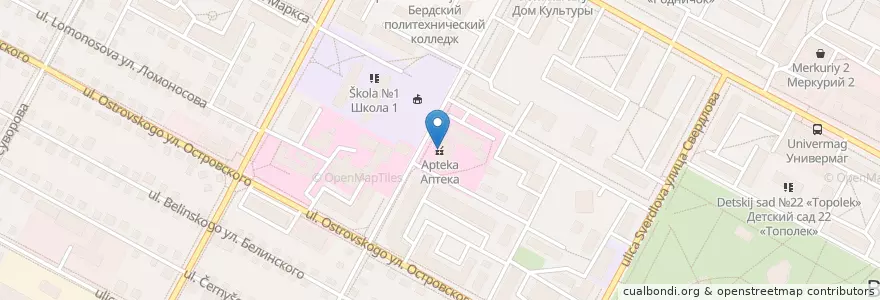 Mapa de ubicacion de Аптека en Rusia, Сибирский Федеральный Округ, Wilayah Novosibirsk, Городской Округ Бердск.