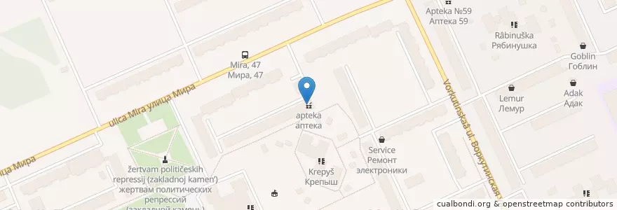Mapa de ubicacion de аптека en 러시아, Северо-Западный Федеральный Округ, Республика Коми, Городской Округ Инта.
