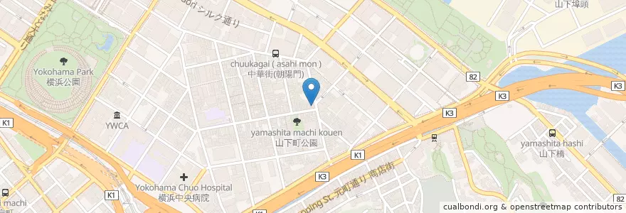 Mapa de ubicacion de 横浜山下町郵便局 en Japan, Präfektur Kanagawa, Yokohama, 中区.