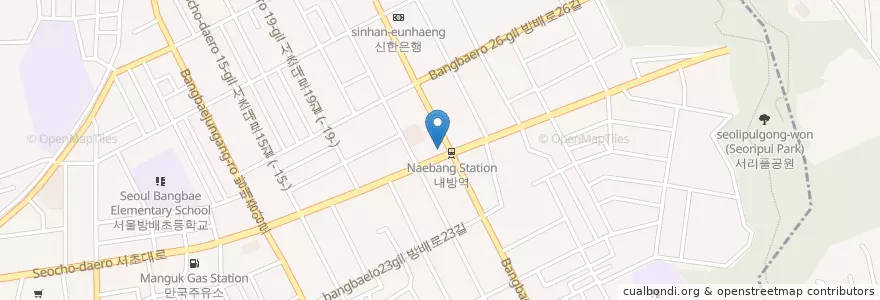 Mapa de ubicacion de 한촌설렁탕(Hanchonsulrungtang) en Coreia Do Sul, Seul, 서초구, 방배동, 방배1동, 방배본동.