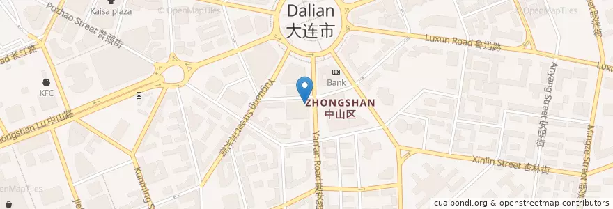 Mapa de ubicacion de 中国银行 en China, Liaoning, 中山区, 大连市, 青泥洼桥街道.