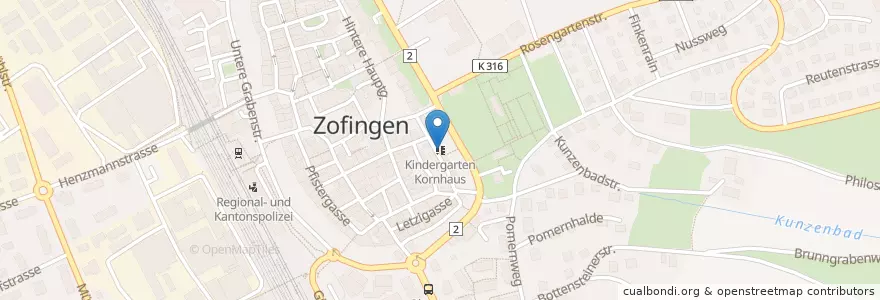Mapa de ubicacion de Kindergarten Kornhaus en Schweiz/Suisse/Svizzera/Svizra, Aargau, Bezirk Zofingen, Zofingen.