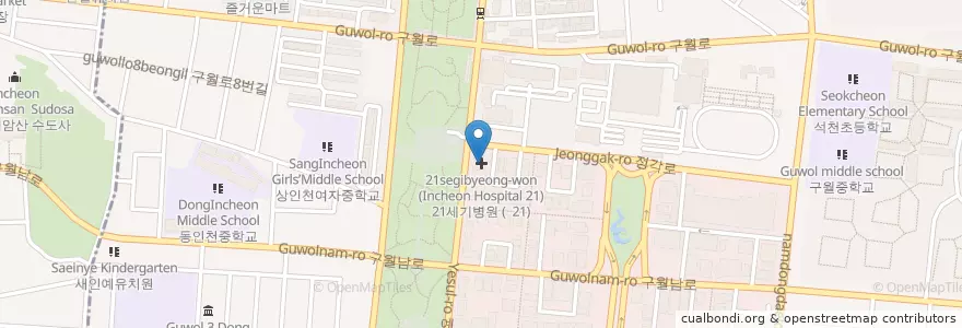Mapa de ubicacion de 21세기병원 (Incheon Hospital 21) en 대한민국, 인천, 남동구, 구월동.