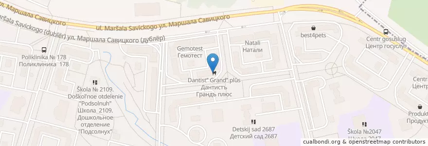 Mapa de ubicacion de Дантистъ Грандъ плюс en Rusia, Distrito Federal Central, Москва, Юго-Западный Административный Округ, Район Южное Бутово.