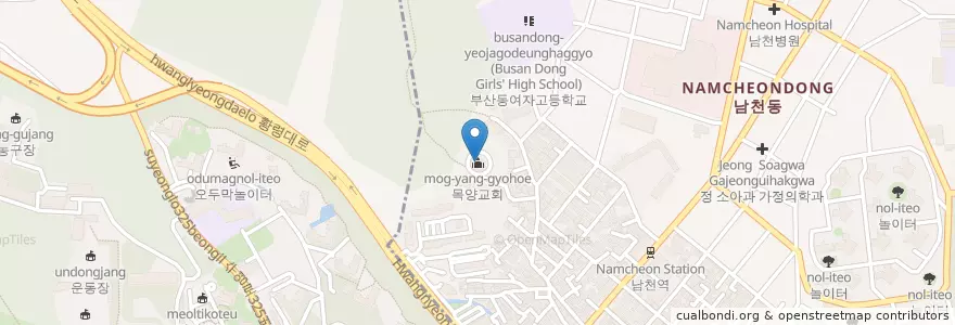 Mapa de ubicacion de 목양교회 en Korea Selatan, 부산, 수영구, 남구.