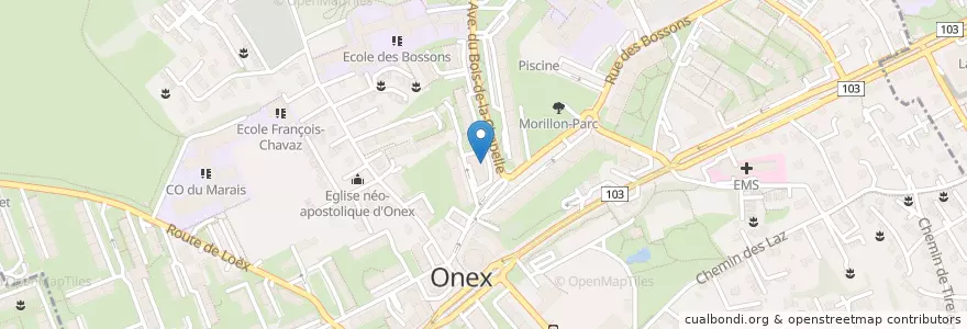 Mapa de ubicacion de Postfinance en Schweiz/Suisse/Svizzera/Svizra, Genève, Genève, Onex.