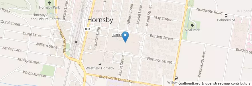 Mapa de ubicacion de Hornsby Westfield Post Office en Australië, Nieuw-Zuid-Wales, The Council Of The Shire Of Hornsby, Sydney.
