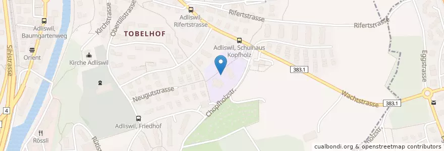 Mapa de ubicacion de Schulhaus Kopfholz en İsviçre, Zürih, Bezirk Horgen, Adliswil.