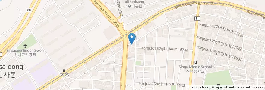 Mapa de ubicacion de Lee's en 대한민국, 서울, 강남구, 신사동, 압구정동.