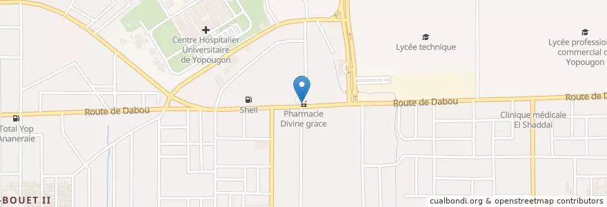 Mapa de ubicacion de Pharmacie Divine grace en コートジボワール, アビジャン, Yopougon.