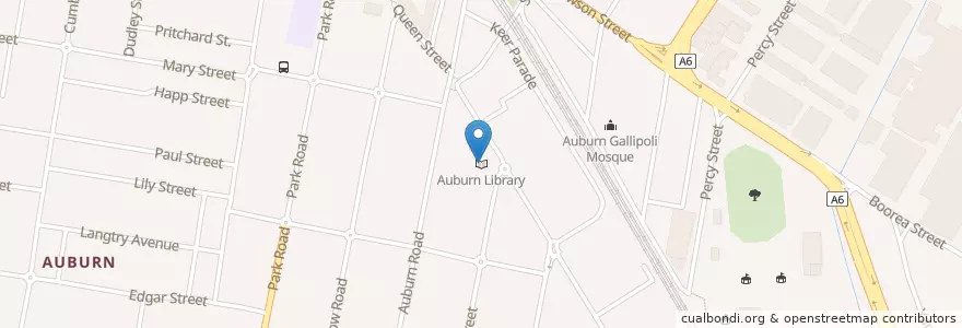 Mapa de ubicacion de Auburn Library en 오스트레일리아, New South Wales, 시드니, Cumberland City Council.