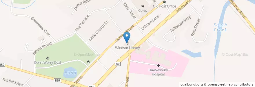 Mapa de ubicacion de Windsor Library en 오스트레일리아, New South Wales, Hawkesbury City Council, 시드니.