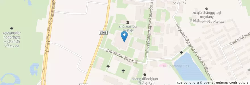Mapa de ubicacion de Library of Main campus of Xinjiang University en 중국, 신장위구르자치구, 우루무치, 天山区 تەڭرىتاغ رايونى, 胜利路街道.