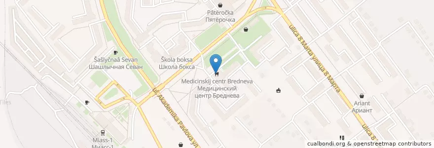 Mapa de ubicacion de Медицинский центр Бреднева en 러시아, Уральский Федеральный Округ, 첼랴빈스크 주, Миасский Городской Округ.