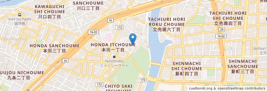 Mapa de ubicacion de 大阪本田郵便局 (Osaka Honden Post Office) en Japon, Préfecture D'Osaka, 大阪市, 西区.