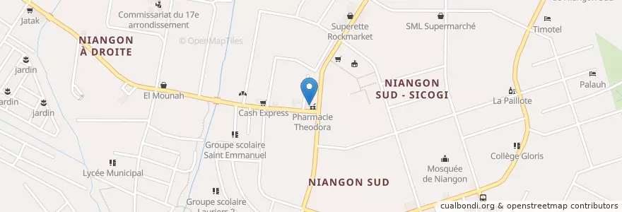 Mapa de ubicacion de Pharmacie Theodora en Costa D'Avorio, Abidjan, Yopougon.
