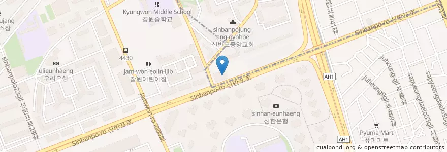 Mapa de ubicacion de 빕스반포점 en 대한민국, 서울, 서초구, 잠원동.