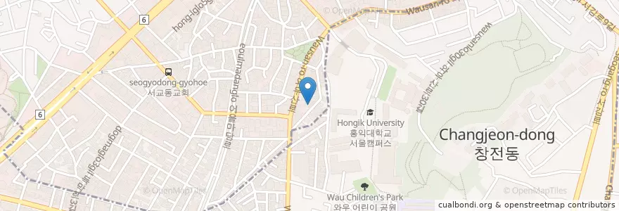 Mapa de ubicacion de Bongchu Jjimdak Hongik Univ en Güney Kore, Seul, 마포구, 서강동, 서교동.