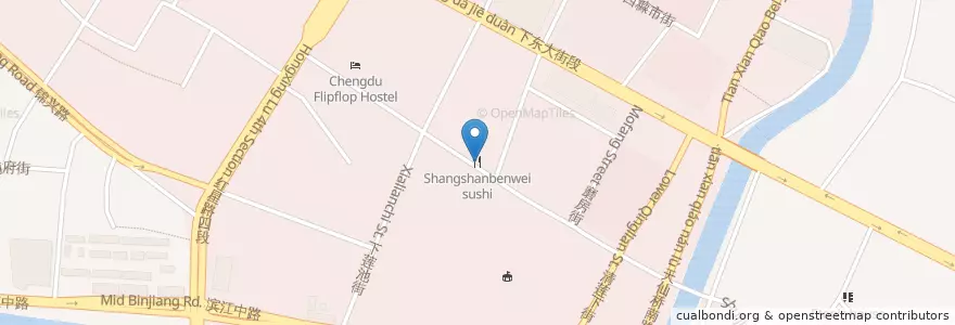 Mapa de ubicacion de Shangshanbenwei sushi en China, Sichuan, 成都市, 锦江区 (Jinjiang), 合江亭街道 / Hejiangting.