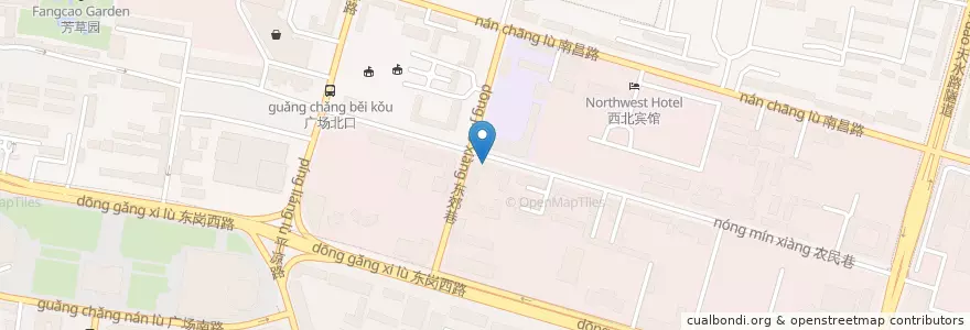 Mapa de ubicacion de 老字号手工浆水面大王 en 中国, 甘粛省, 蘭州市, 城关区, 东岗西路街道.