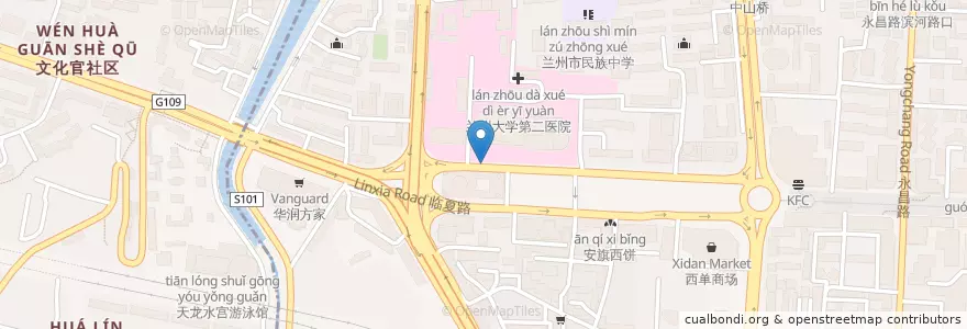Mapa de ubicacion de 兰大二院 en 中国, 甘粛省, 蘭州市, 城关区, 临夏路街道.