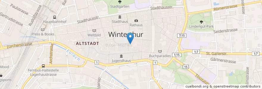 Mapa de ubicacion de Stadtbibliothek Winterthur en Швейцария, Цюрих, Bezirk Winterthur, Winterthur.