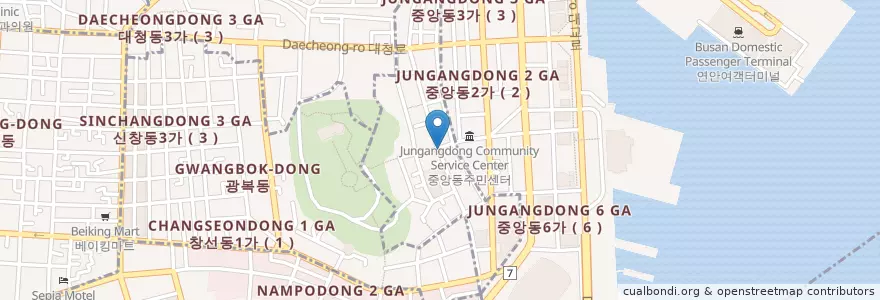 Mapa de ubicacion de 탐앤탐스 en كوريا الجنوبية, بسان, 중구, 동광동.